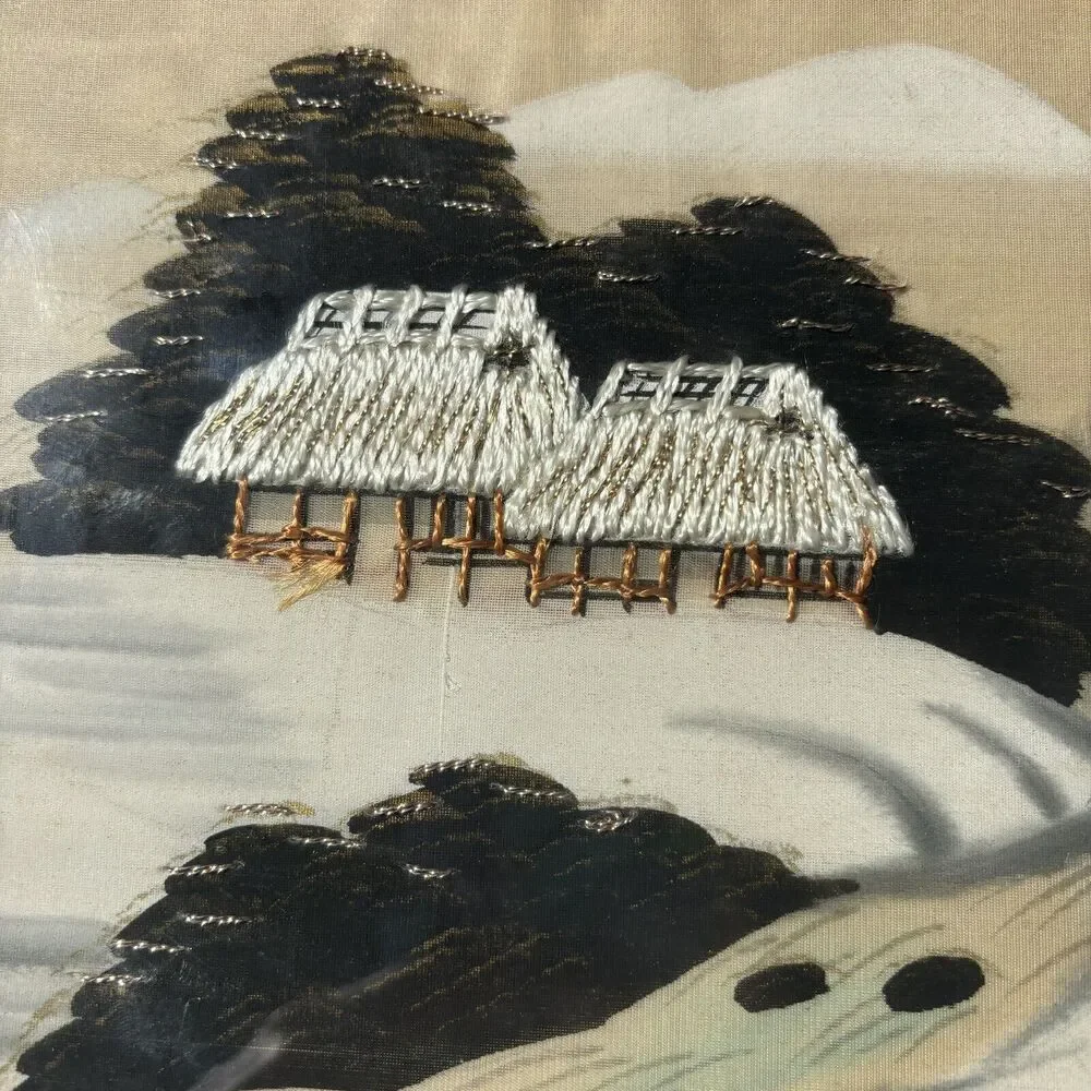 Vintage Japanese Silk Embroidered Winter Landscape 11.5 X 9.5 inches